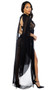 Chiffon maxi nightgown features an eyelash lace bodice with plunging neckline, button front closure, capelette long sleeves, and flyaway front split opening. Matching thong with cotton gusset also included. Two piece set.
