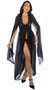 Chiffon maxi nightgown features an eyelash lace bodice with plunging neckline, button front closure, capelette long sleeves, and flyaway front split opening. Matching thong with cotton gusset also included. Two piece set.
