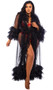 Floor length sheer robe with ruffled trim, long sleeves and tiered bottom.
