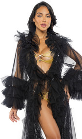 Floor length sheer robe with ruffled trim, long sleeves and tiered bottom.