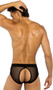 Sheer briefs with elastic waist and peek a boo back.