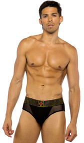 Sheer briefs feature studded elastic waistband and sacred heart design.