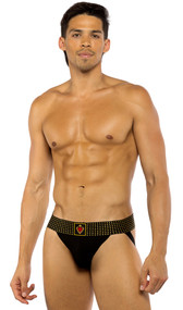 Jockstrap features studded elastic waistband and sacred heart design.