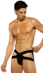 X strap jockstrap features criss cross front straps and elastic waistband.