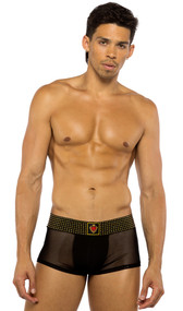 Sheer trunks feature studded elastic waistband and sacred heart design.