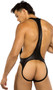 Wrestling leotard jockstrap singlet features suspender front, racerback and open bottom.
