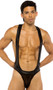 Wrestling leotard jockstrap singlet features suspender front, racerback and open bottom.