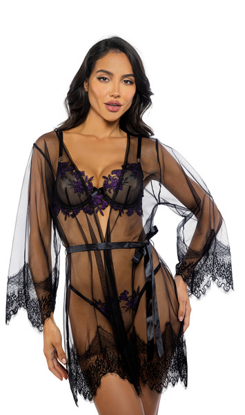 Sheer mesh short robe features scalloped eyelash lace trim, plunge neckline, and a satin waist sash with tie closure.