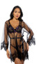 Sheer mesh short robe features scalloped eyelash lace trim, plunge neckline, and a satin waist sash with tie closure.