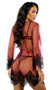 Sheer mesh short robe features scalloped eyelash lace trim, plunge neckline, and a satin waist sash with tie closure.