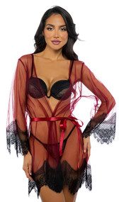 Sheer mesh short robe features scalloped eyelash lace trim, plunge neckline, and a satin waist sash with tie closure.