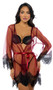 Sheer mesh short robe features scalloped eyelash lace trim, plunge neckline, and a satin waist sash with tie closure.