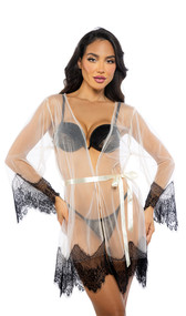 Sheer mesh short robe features scalloped eyelash lace trim, plunge neckline, and a satin waist sash with tie closure.