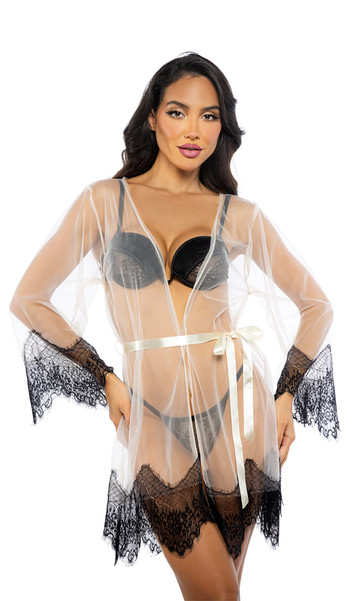 Sheer mesh short robe features scalloped eyelash lace trim, plunge neckline, and a satin waist sash with tie closure.
