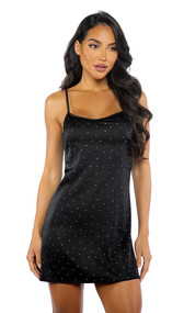 Satin chemise features studded rhinestone front, straight neckline, and adjustable shoulder straps.
