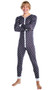 Men's cozy lounge union suit features Playboy Bunny logo diamond pattern, contrast trim, snap front closure, and rear flap with button closure.