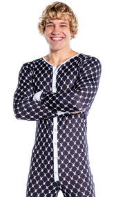 Men's cozy lounge union suit features Playboy Bunny logo diamond pattern, contrast trim, snap front closure, and rear flap with button closure.