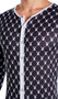 Men's cozy lounge union suit features Playboy Bunny logo diamond pattern, contrast trim, snap front closure, and rear flap with button closure.