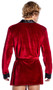 Velvet short length robe features embroidered Playboy Bunny logo, contrast satin trim, and sash tie closure.