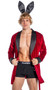 Velvet short length robe features embroidered Playboy Bunny logo, contrast satin trim, and sash tie closure.