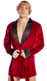 Velvet short length robe features embroidered Playboy Bunny logo, contrast satin trim, and sash tie closure.