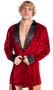 Velvet short length robe features embroidered Playboy Bunny logo, contrast satin trim, and sash tie closure.