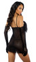 Sheer mesh loose fit babydoll features faux feather front panel and adjustable shoulder straps. Matching G-string also included. Two piece set.