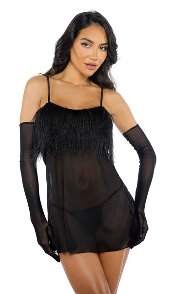 Sheer mesh loose fit babydoll features faux feather front panel and adjustable shoulder straps. Matching G-string also included. Two piece set.