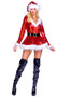 Sequin flare mini dress features faux fur trim, V neckline, and long sleeves. Adjustable black vinyl belt with gold buckle also included. Two piece set.