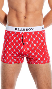 Boxer briefs feature Playboy bunny head logo with bowtie print in diamond pattern, logo elastic waistband, and button fly closure.