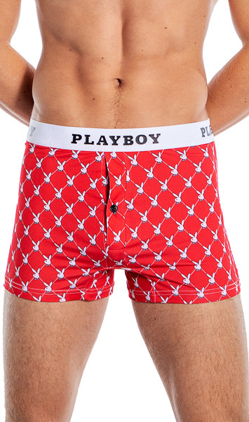 Boxer briefs feature Playboy bunny head logo with bowtie print in diamond pattern, logo elastic waistband, and button fly closure.