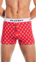 Boxer briefs feature Playboy bunny head logo with bowtie print in diamond pattern, logo elastic waistband, and button fly closure.