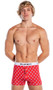 Boxer briefs feature Playboy bunny head logo with bowtie print in diamond pattern, logo elastic waistband, and button fly closure.
