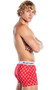 Boxer briefs feature Playboy bunny head logo with bowtie print in diamond pattern, logo elastic waistband, and button fly closure.