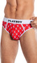 Briefs feature Playboy bunny head logo with bowtie print in diamond pattern, logo elastic waistband, and contrast trim.