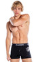 Boxer briefs feature ultra soft modal fabric, Playboy bunny head logo outline print with letter P varsity font, logo elastic waistband, and button fly closure.