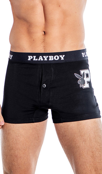 Boxer briefs feature ultra soft modal fabric, Playboy bunny head logo outline print with letter P varsity font, logo elastic waistband, and button fly closure.
