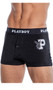 Boxer briefs feature ultra soft modal fabric, Playboy bunny head logo outline print with letter P varsity font, logo elastic waistband, and button fly closure.