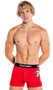 Boxer briefs feature ultra soft modal fabric, Playboy bunny head logo outline print with letter P varsity font, logo elastic waistband, and button fly closure.