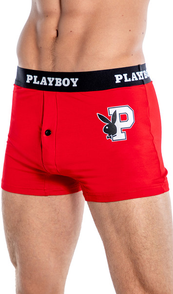 Boxer briefs feature ultra soft modal fabric, Playboy bunny head logo outline print with letter P varsity font, logo elastic waistband, and button fly closure.