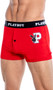 Boxer briefs feature ultra soft modal fabric, Playboy bunny head logo outline print with letter P varsity font, logo elastic waistband, and button fly closure.