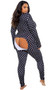 Cozy fleece lounge union suit features Playboy Bunny logo diamond pattern, adjustable plunging neckline, snap front closure, and rear flap with button closure.