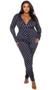 Cozy fleece lounge union suit features Playboy Bunny logo diamond pattern, adjustable plunging neckline, snap front closure, and rear flap with button closure.