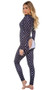 Cozy fleece lounge union suit features Playboy Bunny logo diamond pattern, adjustable plunging neckline, snap front closure, and rear flap with button closure.