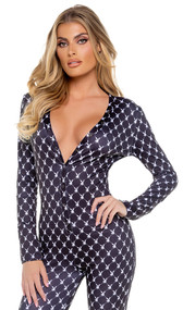 Cozy fleece lounge union suit features Playboy Bunny logo diamond pattern, adjustable plunging neckline, snap front closure, and rear flap with button closure.