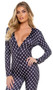 Cozy fleece lounge union suit features Playboy Bunny logo diamond pattern, adjustable plunging neckline, snap front closure, and rear flap with button closure.