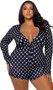 Cozy fleece lounge romper features Playboy Bunny logo diamond pattern, adjustable plunging neckline, snap front closure, and rear flap with button closure.