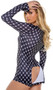 Cozy fleece lounge romper features Playboy Bunny logo diamond pattern, adjustable plunging neckline, snap front closure, and rear flap with button closure.