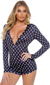 Cozy fleece lounge romper features Playboy Bunny logo diamond pattern, adjustable plunging neckline, snap front closure, and rear flap with button closure.