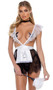 French Maid costume includes satin apron with chantilly eyelash lace trim, Playboy bunny logo silhouette print, criss cross shoulder straps and sash with back tie closure. Lace pull on mini skirt with elastic waistband also included. Two piece set.